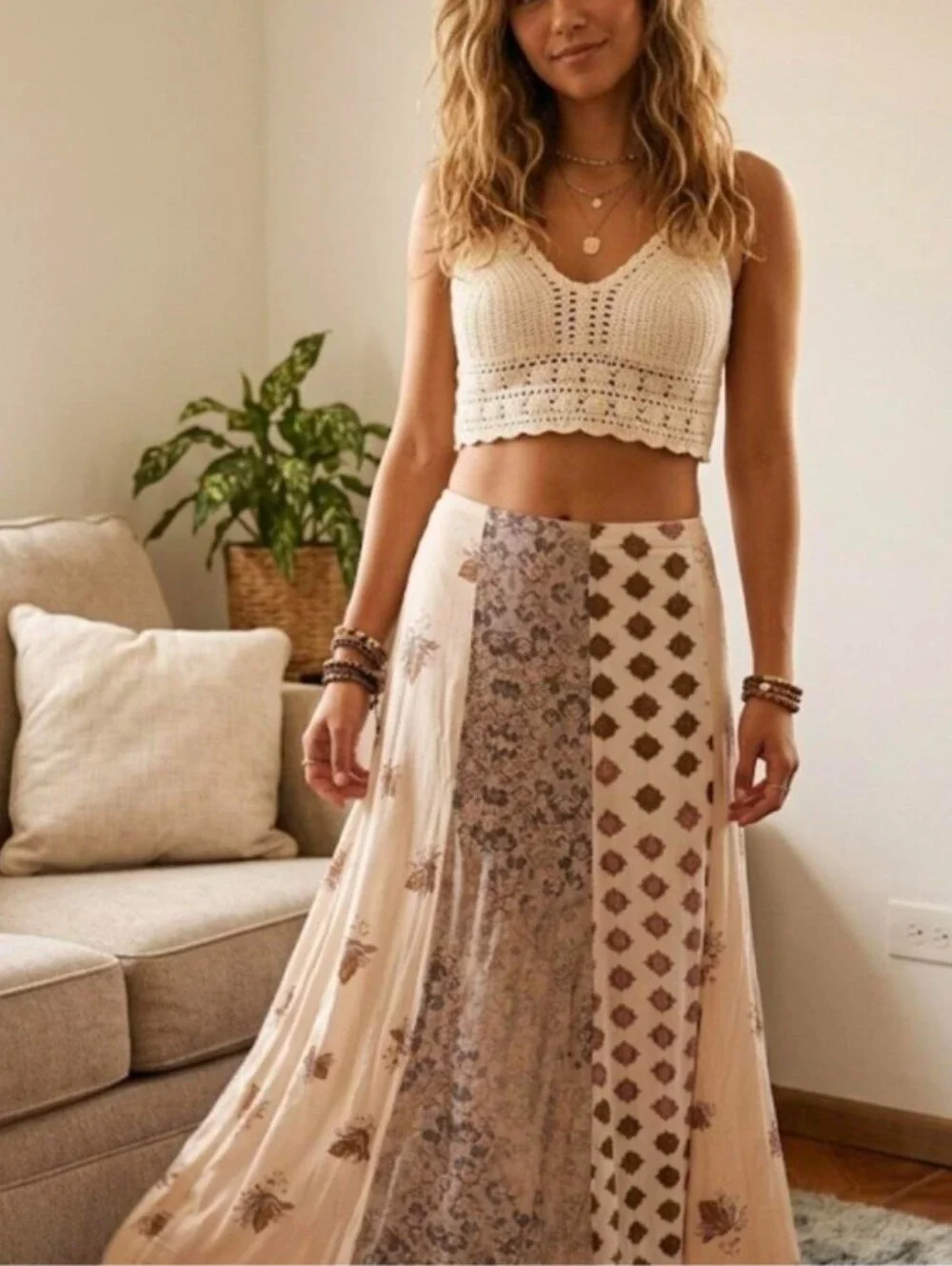 Free People Amazing Technicolor Patchwork Maxi Skirt Boho Cream Rayon SZ 8